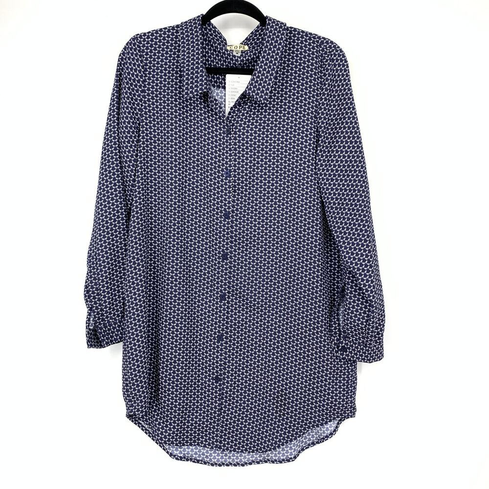Urban Outfitters Cope Tunic Top Womens Size Medium Blue White Print Tie Neck NEW